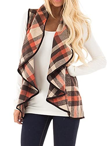 YACUN Women Plaid Vest Lapel Open Front Sleeveless Jacket Outerwear Cardigan with Pockets Coffee Brown S