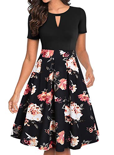 YATHON Women Dresses for Party Vintage Knee Length O Neck Black Floral Print Patchwork Short Sleeve Fit and Flare Swing Work Dresses with Pockets (S, YT018-Black Floral 04)