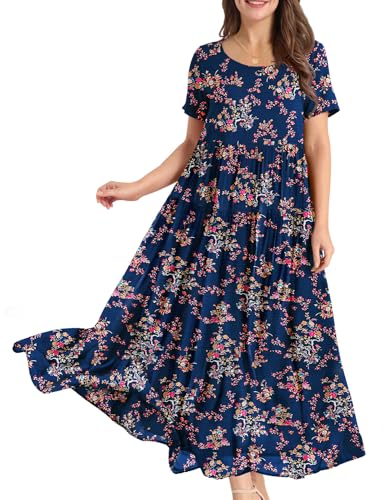 YESNO Women Casual Loose Bohemian Floral Dress with Pockets Short Sleeve Long Maxi Summer Beach Swing Dress L EJF CR30 Blue