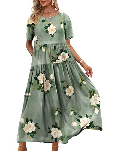 YESNO Women Casual Loose Bohemian Floral Dress with Pockets Short Sleeve Long Maxi Summer Beach Swing Dress (XL EJF CR19)