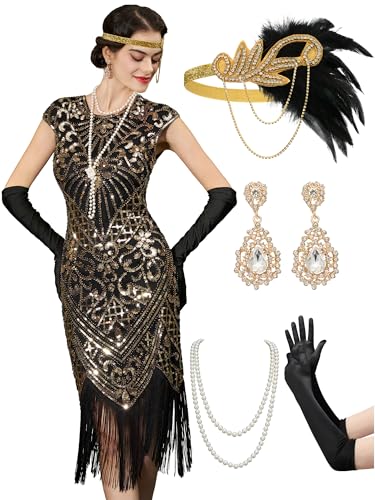 YESSA 1920s Flapper Dresses for Women Great Gatsby Dresses Roaring 20s Costumes Sequin Harlem Nights Dress with 20s Accessories Black-Gold