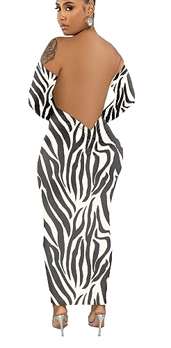 YUEWOO Long Sleeve Maxi Dress for Women Tshirt Dress 2023 Casual Womens Cold Shoulder Dresses Zebra Black XXL