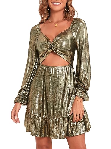 ZAFUL Women's Metallic Cut Out Twist Ruched Back Long Sleeve Ruffles Hem Mini Club Party Evening Dress Gold M