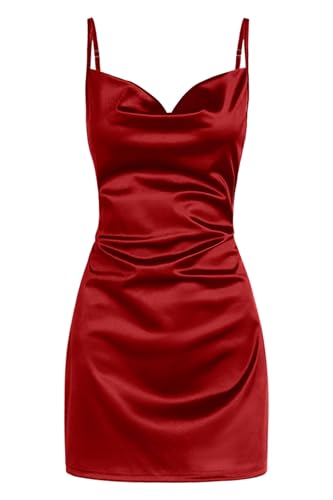 ZAFUL Women's Satin Sleeveless Spaghetti Strap Mini Dress Sexy Slip Cowl Neck Silky Cocktail Party Dresses(Red, M)