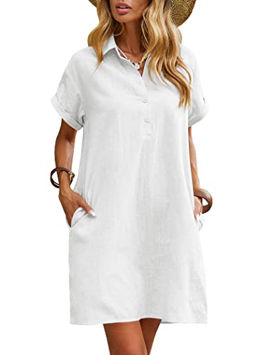 Zeagoo Womens Shirt Dress Cotton Short Sleeve Button Up Solid Color Casual Summer Dress with Pockets White XXL