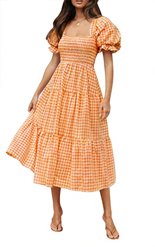 ZESICA Women's 2024 Bohemian Summer Plaid Square Neck Puff Sleeve Ruffle Flowy Beach Midi Dress,Orange,Small