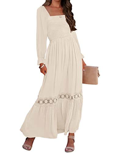 ZESICA Women's 2024 Boho Long Sleeve Square Neck Smocked High Waist Flowy A Line Lace Trim Maxi Dress Apricot