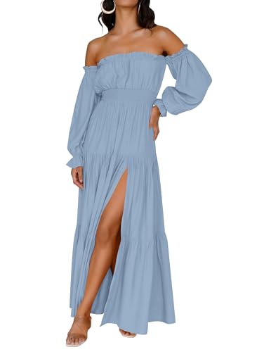 ZESICA Women's 2024 Boho Sexy Off Shoulder Long Sleeve Smocked High Waist Side Split Flowy A Line Tiered Long Maxi Dress,LightBlue,Small