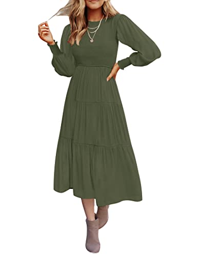 ZESICA Women's 2024 Casual Long Sleeve Crew Neck High Waist Smocked Flowy Tiered Midi Dress,ArmyGreen,Small