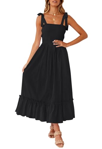 ZESICA Women's 2024 Summer Boho Spaghetti Strap Square Neck Solid Color Ruffle A Line Beach Long Maxi Dress,Black,Large