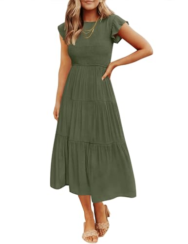 ZESICA Women's 2024 Summer Casual Flutter Short Sleeve Crew Neck Smocked Elastic Waist Tiered Midi Dress,Army Green,Large