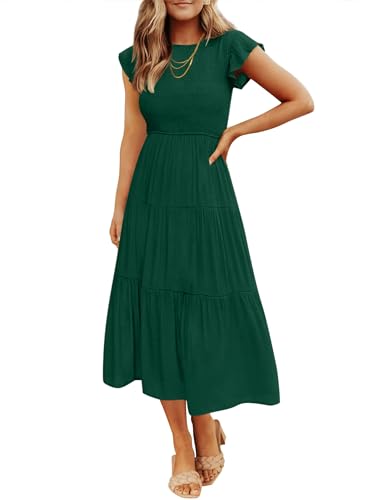 ZESICA Women's 2024 Summer Casual Flutter Short Sleeve Crew Neck Smocked Elastic Waist Tiered Midi Dress,Dark Green,Small