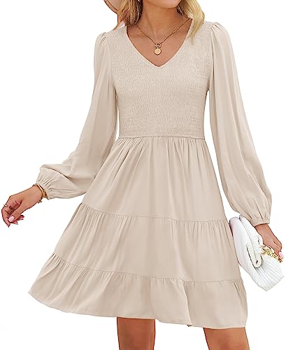 ZESICA Women's Casual V Neck Long Sleeve Smocked High Waist Ruffle A Line Tiered Mini Dress,Beige,Medium