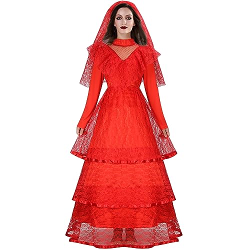 ZIFUNMUR Women Red Gothic Wedding Bride Costume Dress Adult Wedding Lace Goth Halloween Cosplay Dress Veil Outfit (Red, Small)