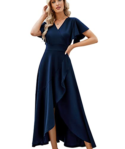 ZZV Formal Dresses for Women Gowns Evening Party Cocktail Dress, Long Split Elegant V Neck Wrap Ruffle Wedding Guest Dresses Navyblue-XXL