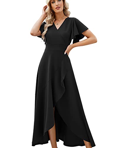 ZZV Wedding Guest Dresses for Women 2024 Gowns Evening Party Cocktail Dress,Long Split Elegant V Neck Wrap Ruffle Wedding Guest Dresses Black-XL