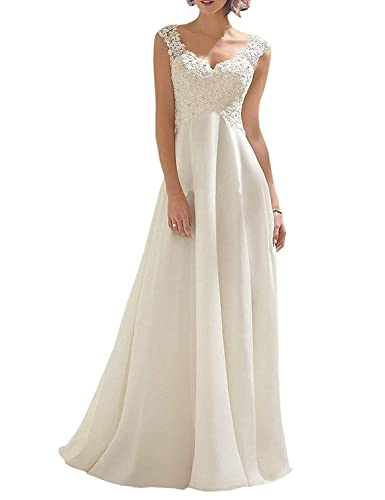 Abaowedding Women's Wedding Dress Lace Double V-Neck Sleeveless Evening Dress Ivory US 6 Fulfilled by Amazon