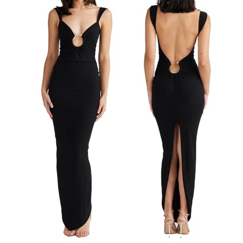 ABYOVRT Women Sexy Backless Dress V Neck Sleeveless Open Back Split Maxi Dress Party Cocktail Bodycon Long Dress (Black,S)