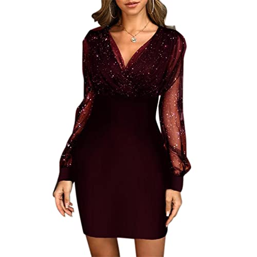 AIBEARTY Women's Sexy Wrap V-Neck Mesh Sequins Long Sleeve Dress Bodycon Elegant Banquet Cocktail Party Club Dress Wine Red