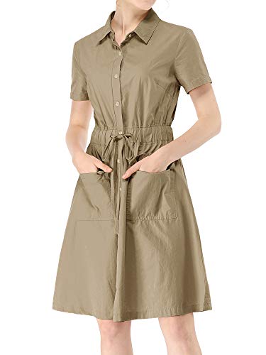 Allegra K Women's Safari Dresses Short Sleeve Cotton Button Down Collar Shirt Dress Medium Dark Khaki