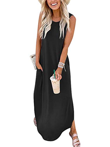 ANRABESS Women Casual Loose Sundress Sleeveless Split Maxi Long Beach Shirt Dress Travel Vacation 2024 Summer Outfits Black Large