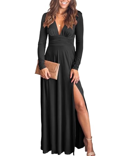 ANRABESS Women Deep V Neck Long Sleeve Slit 2024 Fall Elegant Formal Wedding Guest Cocktail Evening Date Prom Maxi Long Dress Black Large