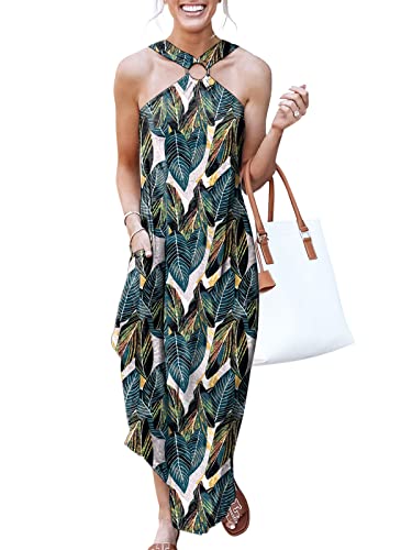 ANRABESS Womens Summer Casual Halter Maxi Dress Split Side Long Beach Sundress 2024 Travel Vacation Outfits with Pockets Leaf S