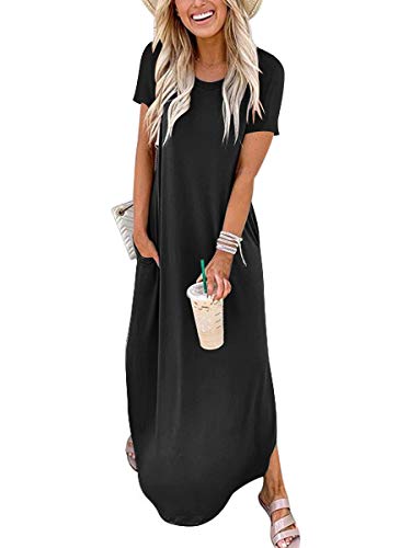 ANRABESS Women's Summer Casual Loose Short Sleeve Long T Shirt Dress Split Maxi Beach Sundress Travel Vacation Outfits Black Medium