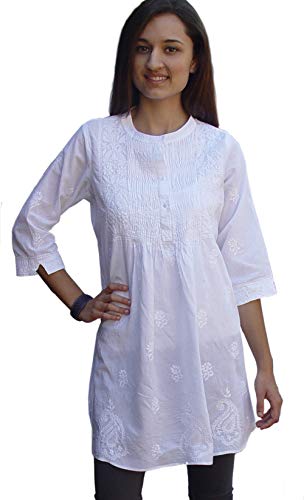 Ayurvastram Bibab Pure Cottn Hand Embroidered Front Pleated Tunic Top Kurti: White, Sz 16