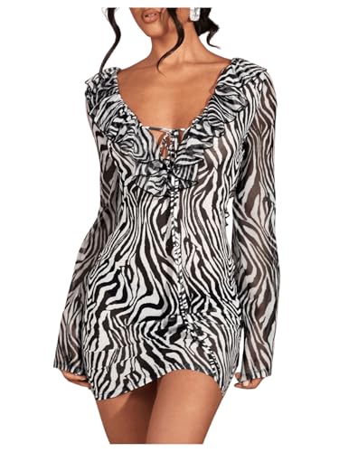 BEAUDRM Women's Y2K Zebra Printed Mini Dress Deep V Neck Tie Ruffle Dress Sexy Backless Tie Long Bell Sleeve Bodycon Dresses Black and Whirt Large