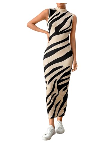 BEAUDRM Women's Zebra Print Striped Mock Neck Pencil Dresses Summer Sleeveless Tank Maxi Dress Multicolor Medium