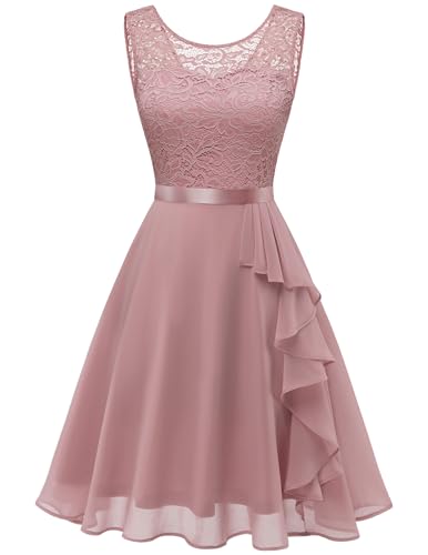 BeryLove Women Prom Dresses for Teens Wedding Guest Sleeveless Elegant Lace Cocktail Formal Bridesmaid Party Dress Empire Waist Ruffle A Line Short Dresses 7052 Blush M