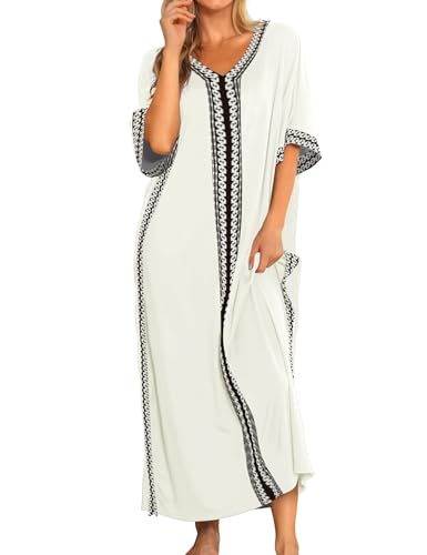 Bloggerlove Mumu Dress for Women Cotton Short Sleeve Nightgown Long Comfy House Dress Full Length Caftan Sleepwear White L