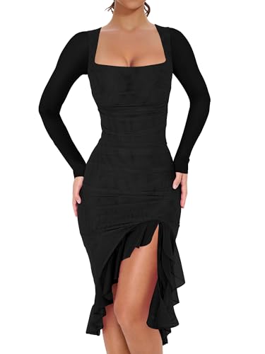 BORIFLORS Women's Sexy Ruched Bodycon Midi Dresses Elegant Mesh Long Sleeve Square Neck Ruffle Hem Cocktail Party Dress, Medium, Black