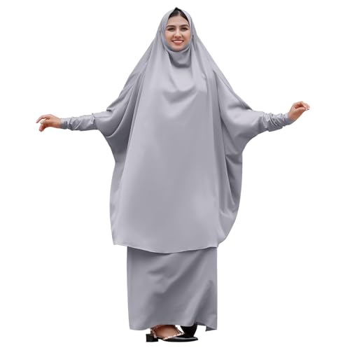 Burkas for Women Muslim Hijab Dress Saudi Full Length Cover Two-piece Prayer Hijab Scarf Islamic Abaya Set Jilbab, Grey One Size