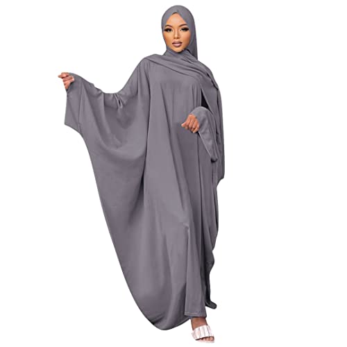 Burkas for Women Muslim Hijab Dress Solid Abaya Muslim Prayer Dress Islamic Maxi Gown Kaftan with Hijab Scarfs Dubai Full Length Dress Eid Formal Gown 2-Piece Prayer Set Grey 2pcs One Size