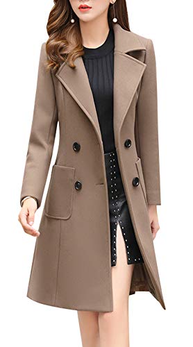 chouyatou Women Elegant Notched Collar Double Breasted Wool Blend Over Coat (Small, Khaki)