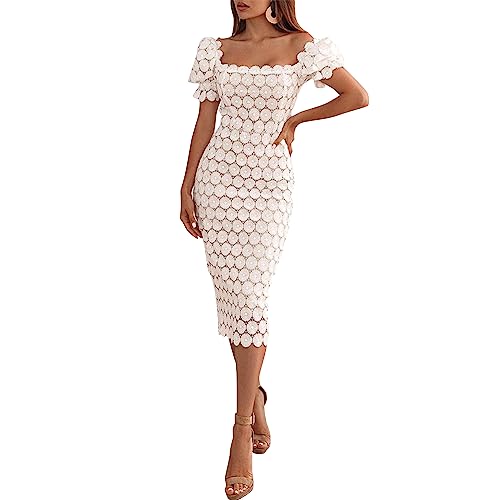 Cololura Elegant Sexy Floral Lace Short Sleeve Off Shoulder Evening Gown Party Formal Bodycon Midi Dress White