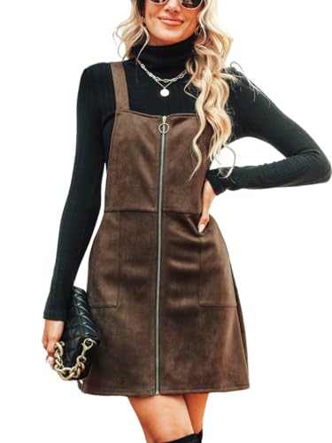 CUPSHE Women's Dress Square Neck Pull-Ring Zipper Front Coffee Straps Autumn Warm Casual Faux Suede Mini Dresses