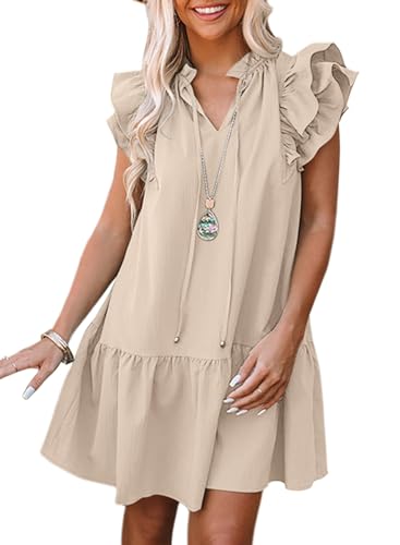 Dokotoo Spring Summer Dresses for Women 2024 Sleeveless V-Neck Ruffle Pockets Lightweight Swing Tunic Dress Solid Color Easter Mini Short Dress Beige X-Small