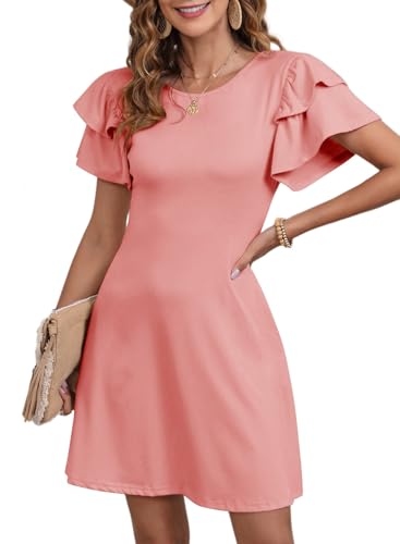 Dokotoo Women Dresses Linen Dresses for Women Fashion 2024 Summer Fall Casual Elegant Crew NeckDrawstring Ruffle Solid Cap Sleeve Mini Summer Dress Apricot Pink