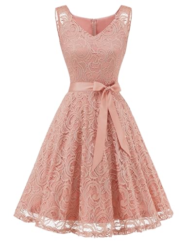 Dressystar 0010 Women Floral Lace Bridesmaid Party Dress Short Prom Dress V Neck Blush L