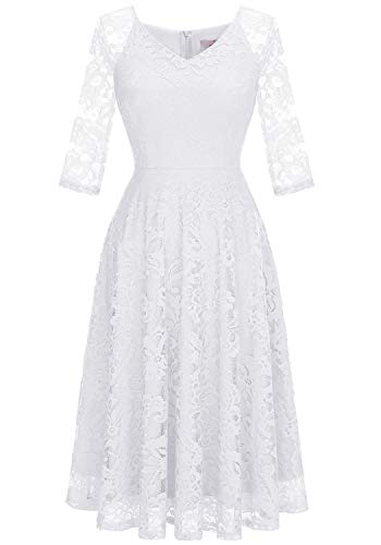 Dressystar Long-Sleeve A-Line Lace Bridesmaid Dress Midi for Wedding Formal Party XL White