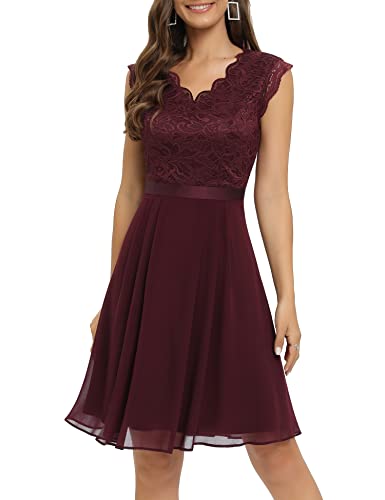 Dressystar Women's Formal Dresses V Neck Lace Wedding Guest Dress Sleeveless Bridesmaid Cocktail Dress 2050 Burgundy M