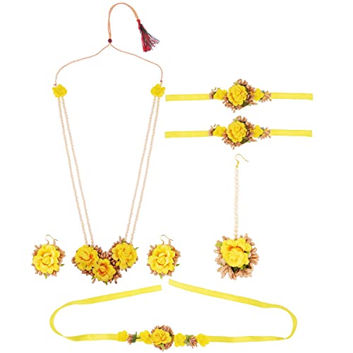 Efulgenz Indian Flower Jewelry Set for Haldi Mehandi Baby Shower Wedding Women Girls yellow