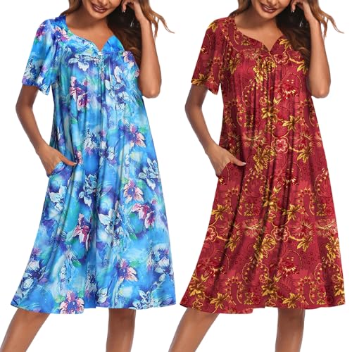 Ekouaer 2 Pack House Dresses for Women with Pockets Short Sleeve Moo Moos Floral Print Mumu Dresses