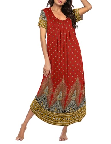 Ekouaer Long Nightgowns for Women Soft House Dress Pleated Front Nightshirt Full Length Loungwear Red Ethnic L