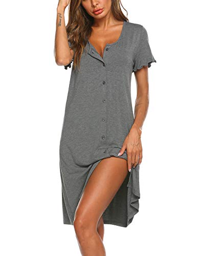 Ekouaer Women's Nightshirt Short Sleeve Button Down Nightgown V-Neck Sleepwear Pajama Dress Grey