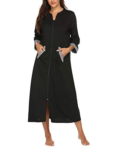 Ekouaer Women Zipper Robe 3/4 Sleeves Loungewear Dress Full Length Sleepwear Pockets Housecoat Nightgown Long Bathrobe