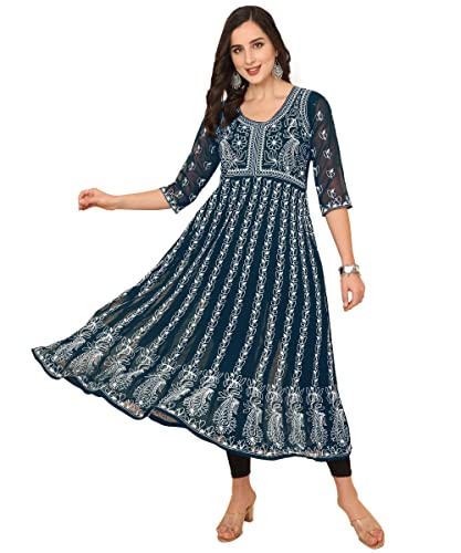 EthnicJunction Women's Georgette Chikankari Embroidered Anarkali Kurta (Large) (Teal Blue)